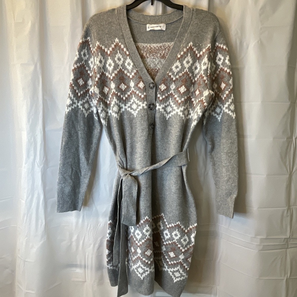 Lucky Brand Dress Women Large‎ Gray Pink Fair Isle Nordic Sweater Knit Tie Boho - Picture 2 of 13